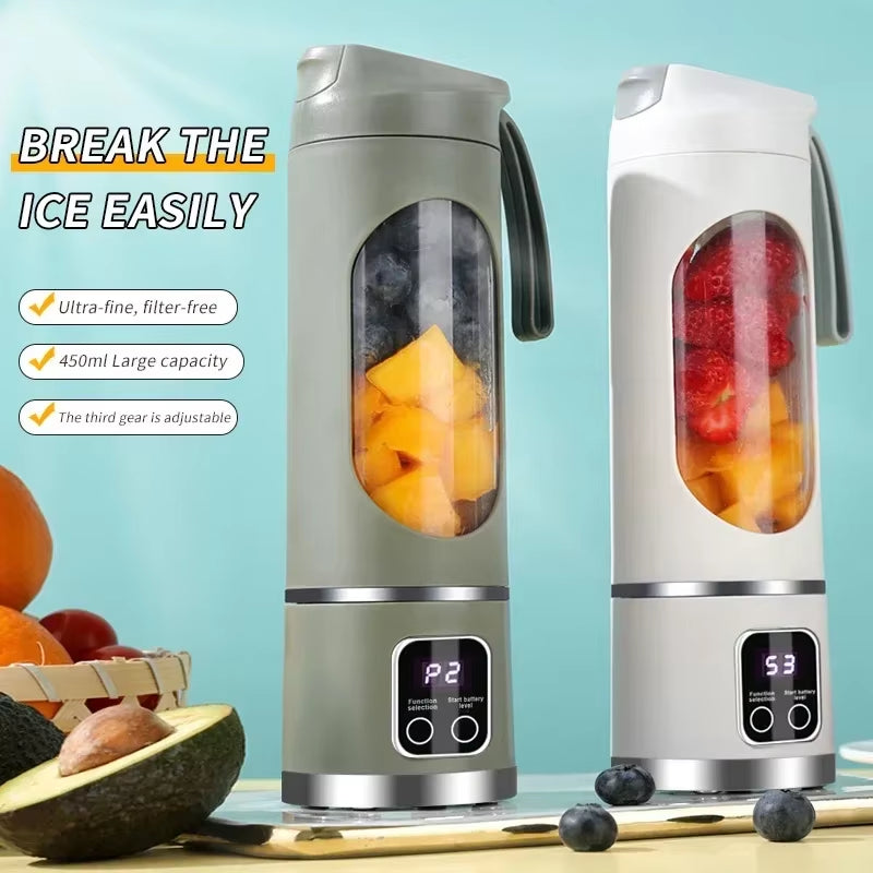 450Ml Portable Fruit Juicer with 8 Blade Home USB Rechargeable Large Capacity with Digital Display Juice Maker Machine