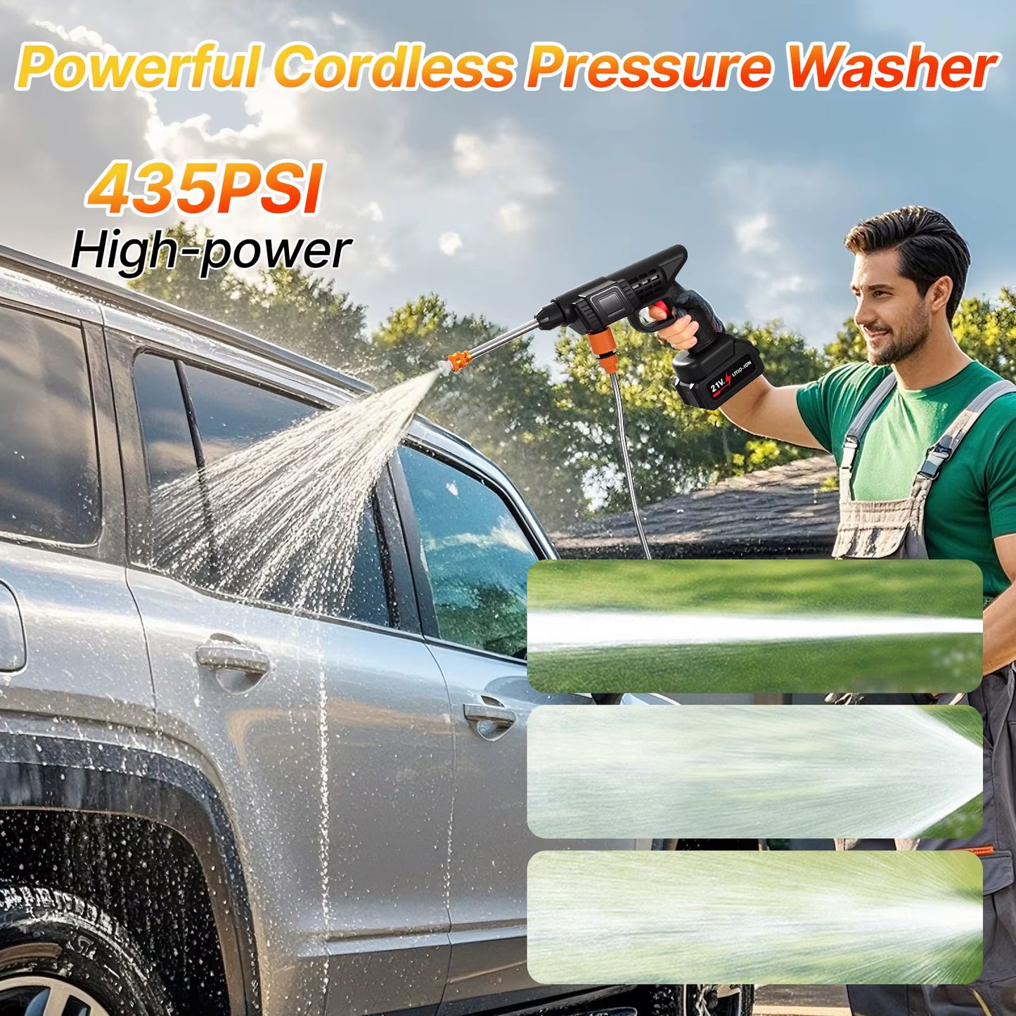 Cordless Pressure Washer，3-In-1 Nozzle Handheld Cordless Power Pressure Washer, Portable Cordless Power Cleaning Tool with 435PS