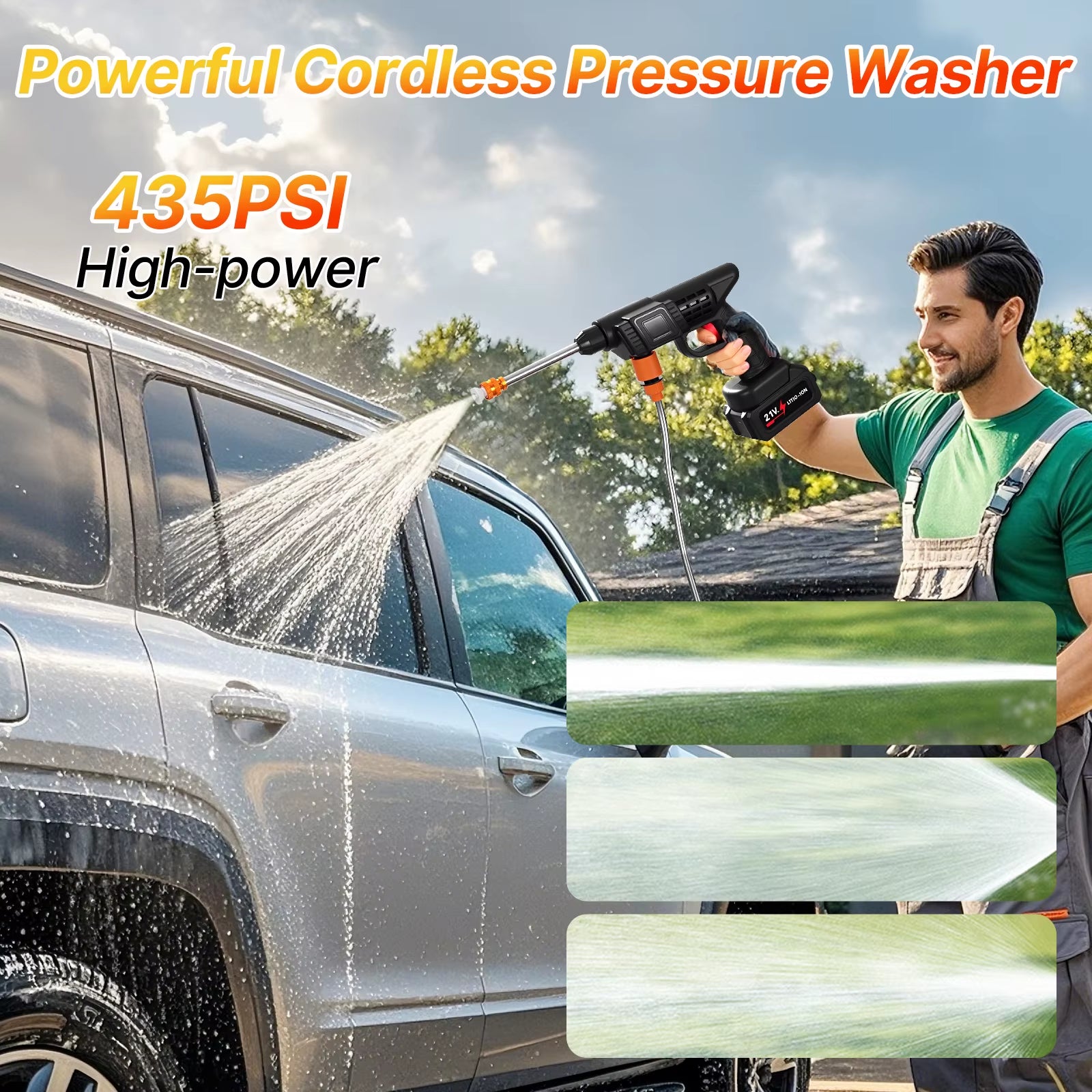 Cordless Pressure Washer，3-In-1 Nozzle Handheld Cordless Power Pressure Washer, Portable Cordless Power Cleaning Tool with 435PS